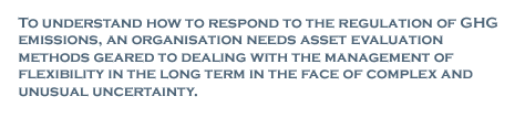 To understand how to respond to the regulation of GHG emissions, an organisation needs asset evaluation methods geared to dealing with the management of flexibility in the long term in the face of complex and unusual uncertainty.